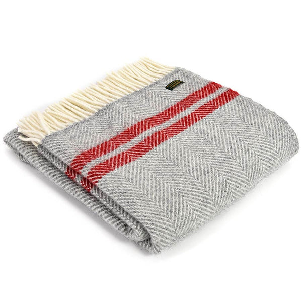 Tweedmill Throw Fishbone 2 Stripe Silver Grey - Red